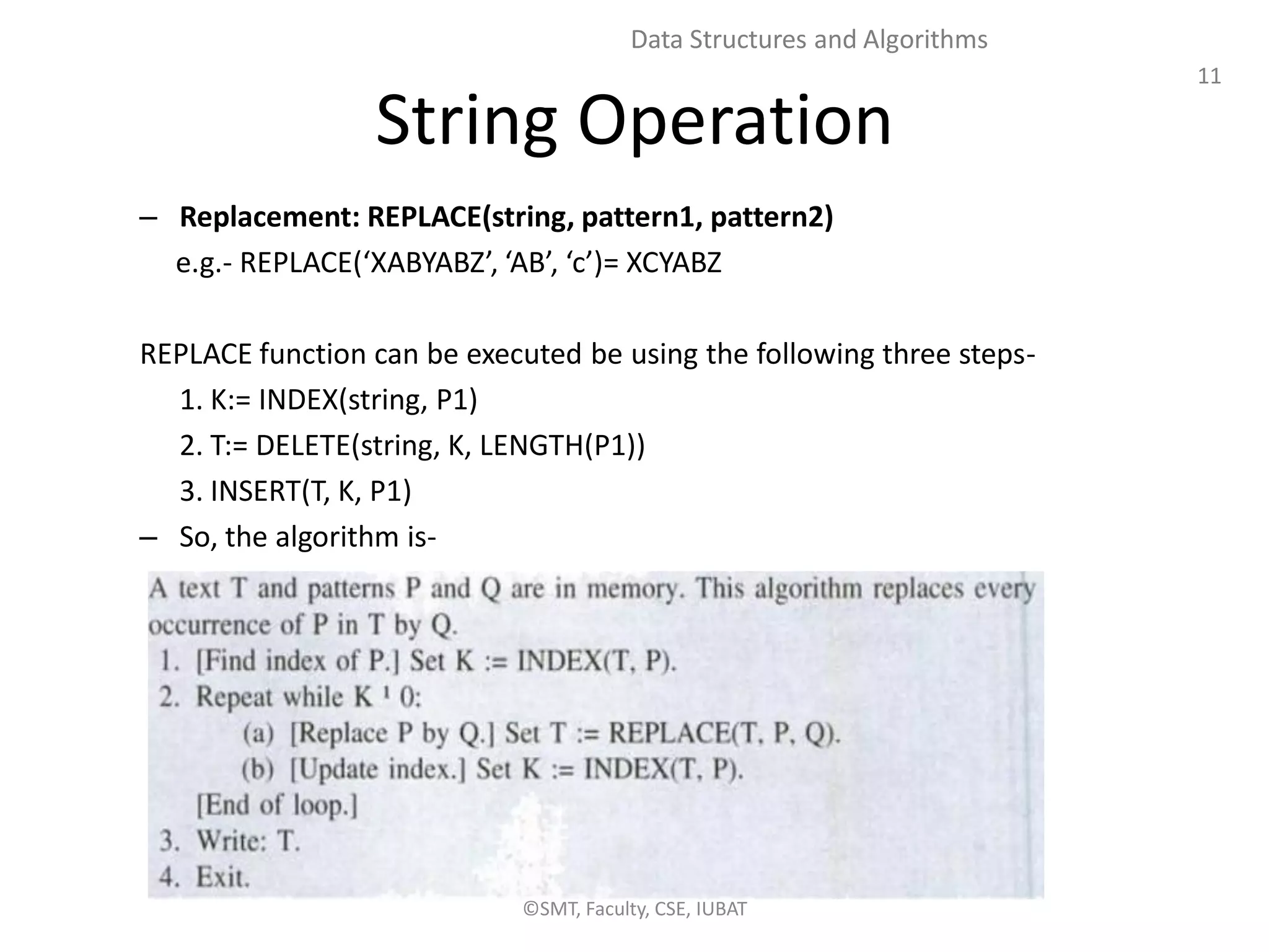 11
Data Structures and Algorithms
String Operation
– Replacement: REPLACE(string, pattern1, pattern2)
e.g.- REPLACE(‘XABYABZ’, ‘AB’, ‘c’)= XCYABZ
REPLACE function can be executed be using the following three steps-
1. K:= INDEX(string, P1)
2. T:= DELETE(string, K, LENGTH(P1))
3. INSERT(T, K, P1)
– So, the algorithm is-
©SMT, Faculty, CSE, IUBAT
 