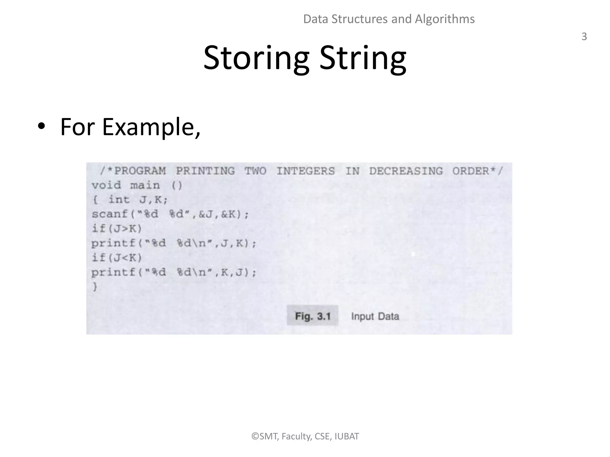 3
Data Structures and Algorithms
Storing String
• For Example,
©SMT, Faculty, CSE, IUBAT
 