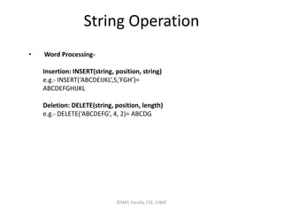 ©SMT, Faculty, CSE, IUBAT
String Operation
• Word Processing-
Insertion: INSERT(string, position, string)
e.g.- INSERT(‘ABCDEIJKL’,5,‘FGH’)=
ABCDEFGHIJKL
Deletion: DELETE(string, position, length)
e.g.- DELETE(‘ABCDEFG’, 4, 2)= ABCDG
 