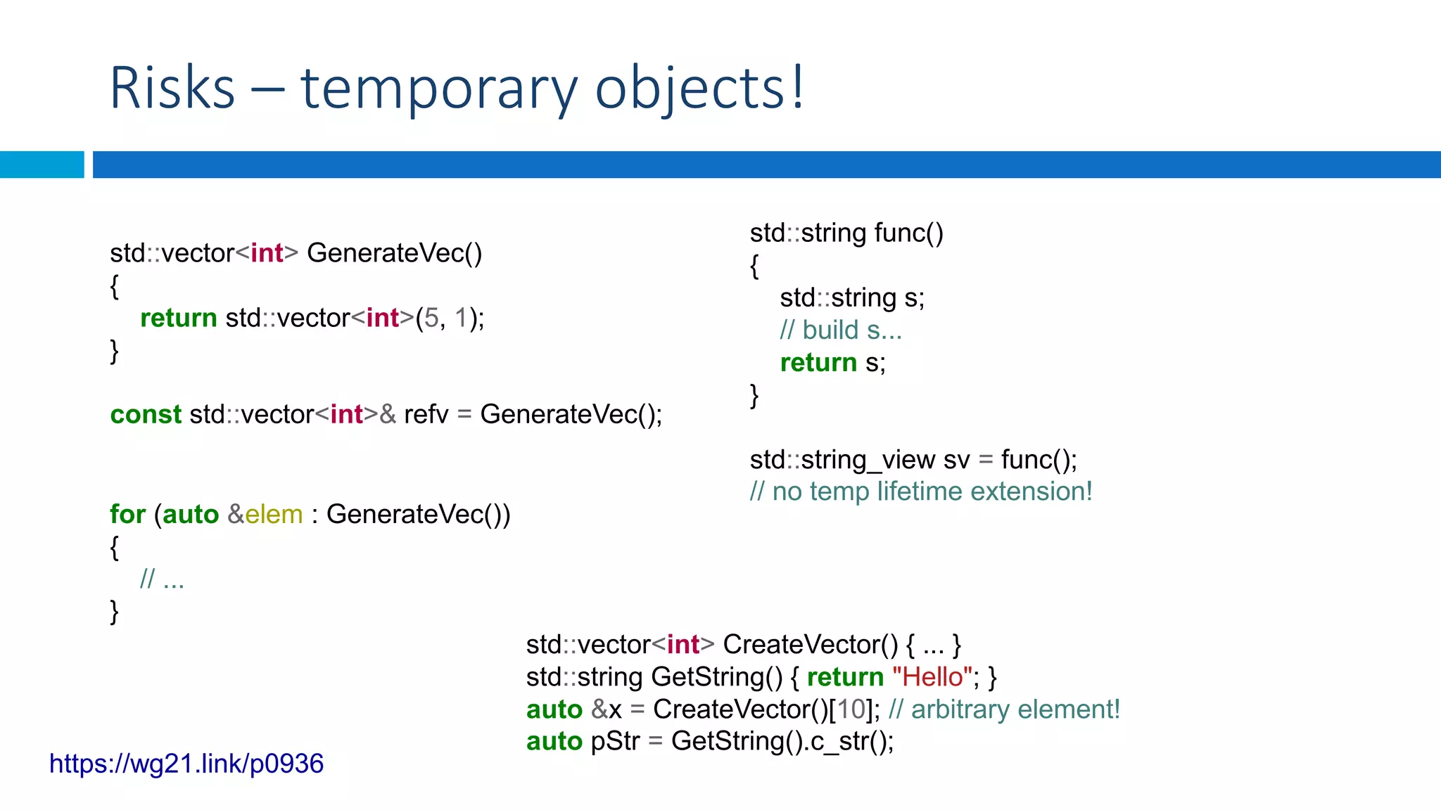 Risks – temporary objects!
std::vector<int> GenerateVec()
{
return std::vector<int>(5, 1);
}
const std::vector<int>& refv = GenerateVec();
for (auto &elem : GenerateVec())
{
// ...
}
std::string func()
{
std::string s;
// build s...
return s;
}
std::string_view sv = func();
// no temp lifetime extension!
std::vector<int> CreateVector() { ... }
std::string GetString() { return "Hello"; }
auto &x = CreateVector()[10]; // arbitrary element!
auto pStr = GetString().c_str();
https://wg21.link/p0936
 