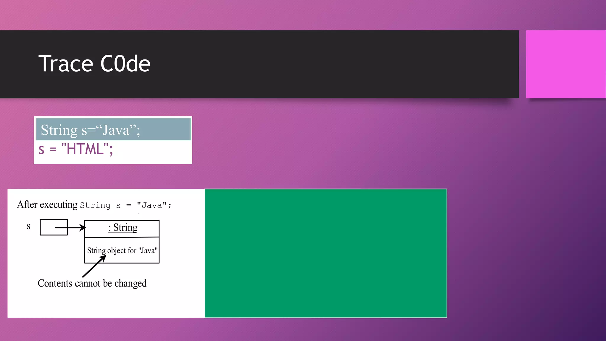 Trace C0de
String s=“Java”;
s = "HTML";

After executing s = "HTML";

After executing String s = "Java";
s

: String
String object for "Java"

Contents cannot be changed

s

: String
String object for "Java"

: String
String object for "HTML"

This string object is
now unreferenced

 