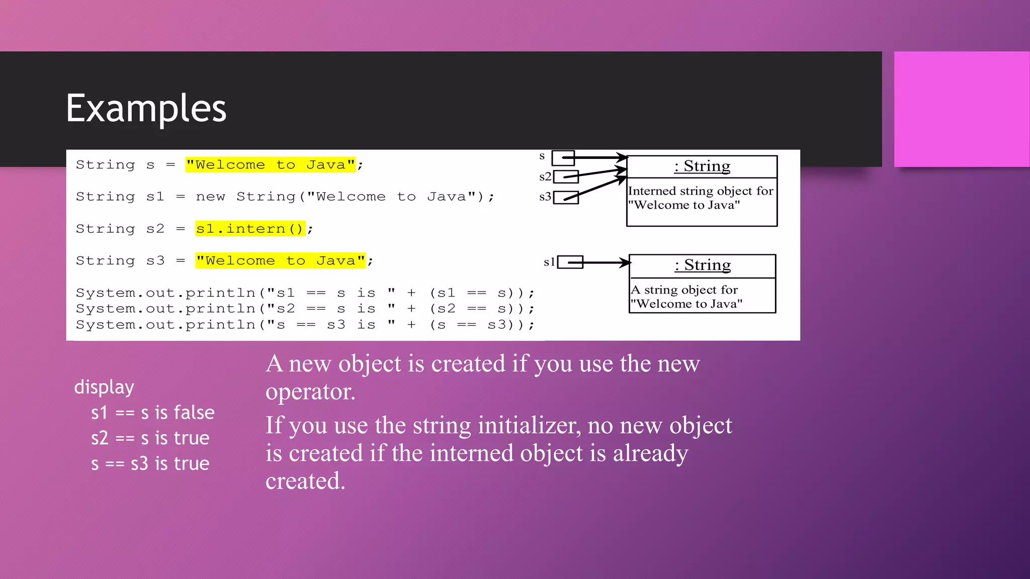 Examples
String s = "Welcome to Java";

s
s2

String s1 = new String("Welcome to Java");

• String
d

s3

: String
Interned string object for
"Welcome to Java"

s2 = s1.intern();

String s3 = "Welcome to Java";
System.out.println("s1 == s is " + (s1 == s));
System.out.println("s2 == s is " + (s2 == s));
System.out.println("s == s3 is " + (s == s3));

display
s1 == s is false
s2 == s is true
s == s3 is true

s1

: String
A string object for
"Welcome to Java"

A new object is created if you use the new
operator.
If you use the string initializer, no new object
is created if the interned object is already
created.

 