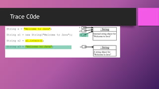 Trace C0de
String s = "Welcome to Java";

s

•f
String s1 = new String("Welcome to Java");

s2
s3

: String
Interned string object for
"Welcome to Java"

String s2 = s1.intern();
String s3 = "Welcome to Java";

s1

: String
A string object for
"Welcome to Java"

 