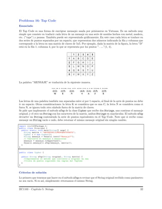 Problema 16: Tap Code
Enunciado
El Tap Code es una forma de encriptar mensajes usada por prisioneros en Vietnam. Es un m´etodo muy
simple que consiste en traducir cada letra de un mensaje en una serie de sonidos hechos con metal, madera,
etc. (”taps”) y pausas. Tambi´en puede ser representado gr´aﬁcamente. En este caso cada letra se traduce en
dos series de puntos separados por un espacio, que representan dos n´umeros indicando la ﬁla y columna que
corresponde a la letra en una matriz de claves de 5x5. Por ejemplo, dada la matriz de la ﬁgura, la letra ”D”
est´a en la ﬁla 1, columna 4, por lo que se representa por los puntos ”. ....”(1, 4).
La palabra ”MENSAJE” se traducir´ıa de la siguiente manera.
Las letras de una palabra tambi´en van separadas entre s´ı por 1 espacio, al ﬁnal de la serie de puntos no debe
ir un espacio. Otras consideraciones: la letra K se considera que es una C, la letra ˜N se considera como si
fuera N, se ignora todo otro s´ımbolo fuera de la matriz de claves.
Se pide que implemente el m´etodo aTap de la clase Cipher que recibe dos Strings, uno contiene el mensaje
original, y el otro un String con los caracteres de la matriz, ambos Strings en may´usculas. El m´etodo aTap
devuelve un String conteniendo la serie de puntos equivalentes en el Tap Code. Note que si recibe como
mensaje un String vac´ıo o nulo, debe retornar el mismo mensaje original sin ning´un cambio.
import iic1103Package.*;
public class Principal {
public static void main(String [] args) {
String matriz = " ABCDEFGHIJLMNOPQRSTUVWXYZ";
Cypher c = new Cypher ();
String mensaje = Usuario . texto("Mensaje ?");
// Convierte el mensaje a mayusculas
mensaje = mensaje . toUpperCase();
Usuario .mensaje (c.aTap(mensaje , matriz ));
}
}
public class Cypher {
public String aTap(String original , String matriz ) {
// Implementar el metodo que convierte a original en una
// lista de puntos siguiendo las reglas del TapCode
}
}
Criterios de soluci´on
Lo primero que tenemos que hacer en el m´etodo aTap es revisar que el String original recibido como par´ametro
no sea vac´ıo. Si es as´ı, simplemente retornamos el mismo String.
IIC1103 – Cap´ıtulo 5: Strings 32
 