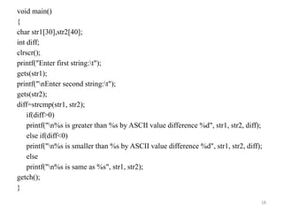 18
void main()
{
char str1[30],str2[40];
int diff;
clrscr();
printf("Enter first string:t");
gets(str1);
printf("nEnter second string:t");
gets(str2);
diff=strcmp(str1, str2);
if(diff>0)
printf("n%s is greater than %s by ASCII value difference %d", str1, str2, diff);
else if(diff<0)
printf("n%s is smaller than %s by ASCII value difference %d", str1, str2, diff);
else
printf("n%s is same as %s", str1, str2);
getch();
}
 