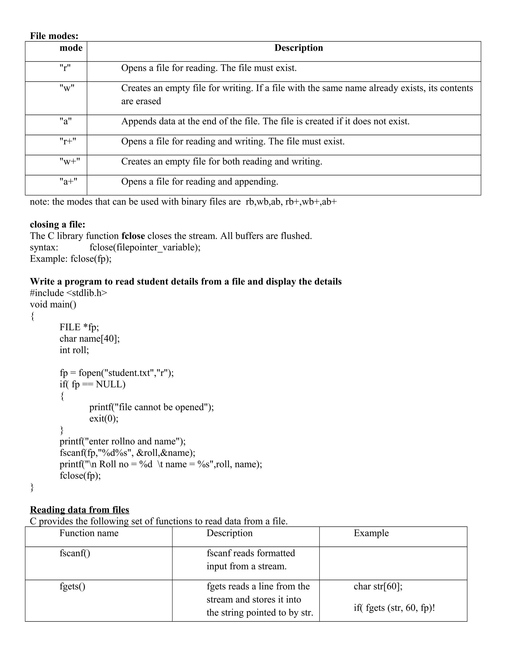 File modes:
mode Description
"r" Opens a file for reading. The file must exist.
"w" Creates an empty file for writing. If a file with the same name already exists, its contents
are erased
"a" Appends data at the end of the file. The file is created if it does not exist.
"r+" Opens a file for reading and writing. The file must exist.
"w+" Creates an empty file for both reading and writing.
"a+" Opens a file for reading and appending.
note: the modes that can be used with binary files are rb,wb,ab, rb+,wb+,ab+
closing a file:
The C library function fclose closes the stream. All buffers are flushed.
syntax: fclose(filepointer_variable);
Example: fclose(fp);
Write a program to read student details from a file and display the details
#include <stdlib.h>
void main()
{
FILE *fp;
char name[40];
int roll;
fp = fopen("student.txt","r");
if( fp == NULL)
{
printf("file cannot be opened");
exit(0);
}
printf("enter rollno and name");
fscanf(fp,"%d%s", &roll,&name);
printf("n Roll no = %d t name = %s",roll, name);
fclose(fp);
}
Reading data from files
C provides the following set of functions to read data from a file.
Function name Description Example
fscanf() fscanf reads formatted
input from a stream.
fgets() fgets reads a line from the
stream and stores it into
the string pointed to by str.
char str[60];
if( fgets (str, 60, fp)!
 