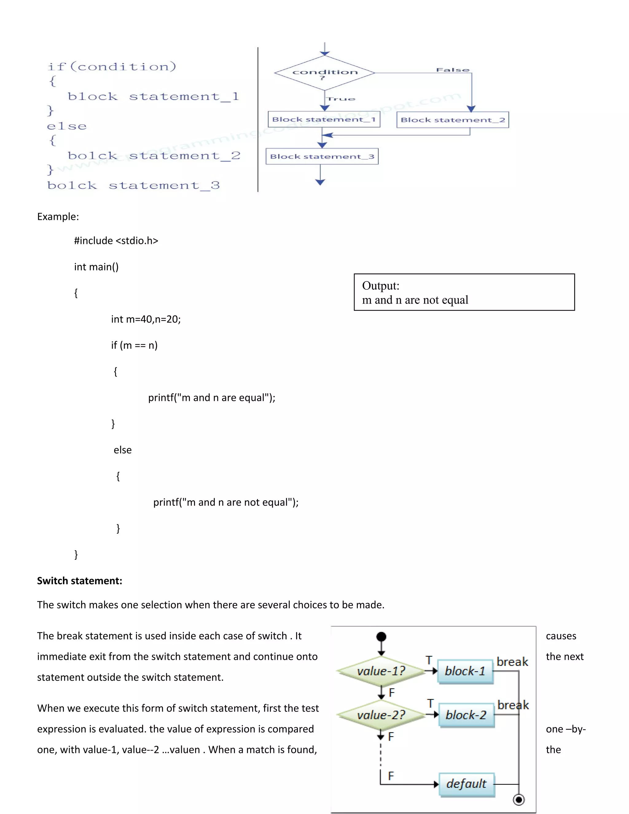 Example:
#include <stdio.h>
int main()
{
int m=40,n=20;
if (m == n)
{
printf("m and n are equal");
}
else
{
printf("m and n are not equal");
}
}
Switch statement:
The switch makes one selection when there are several choices to be made.
The break statement is used inside each case of switch . It causes
immediate exit from the switch statement and continue onto the next
statement outside the switch statement.
When we execute this form of switch statement, first the test
expression is evaluated. the value of expression is compared one –by-
one, with value-1, value--2 …valuen . When a match is found, the
Output:
m and n are not equal
 