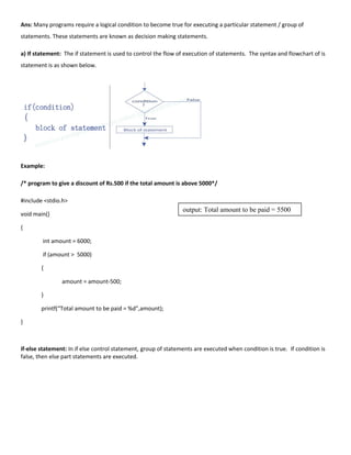 Ans: Many programs require a logical condition to become true for executing a particular statement / group of
statements. These statements are known as decision making statements.
a) If statement: The if statement is used to control the flow of execution of statements. The syntax and flowchart of is
statement is as shown below.
Example:
/* program to give a discount of Rs.500 if the total amount is above 5000*/
#include <stdio.h>
void main()
{
int amount = 6000;
if (amount > 5000)
{
amount = amount-500;
}
printf(“Total amount to be paid = %d”,amount);
}
if-else statement: In if else control statement, group of statements are executed when condition is true. If condition is
false, then else part statements are executed.
output: Total amount to be paid = 5500
 
