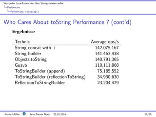 Was jeder Java-Entwickler ¨uber Strings wissen sollte
Performanz
Performanz: toString()
Who Cares About toString Performance ? (cont’d)
Ergebnisse
Technic Average ops/s
String concat with + 142.075,167
String builder 141.463,438
Objects.toString 140.791,365
Guava 110.111,808
ToStringBuilder (append) 75.165,552
ToStringBuilder (reﬂectionToString) 34.930,630
ReﬂectionToStringBuilder 23.204,479
Bernd M¨uller Java Forum Nord 20.10.2016 23/60
 