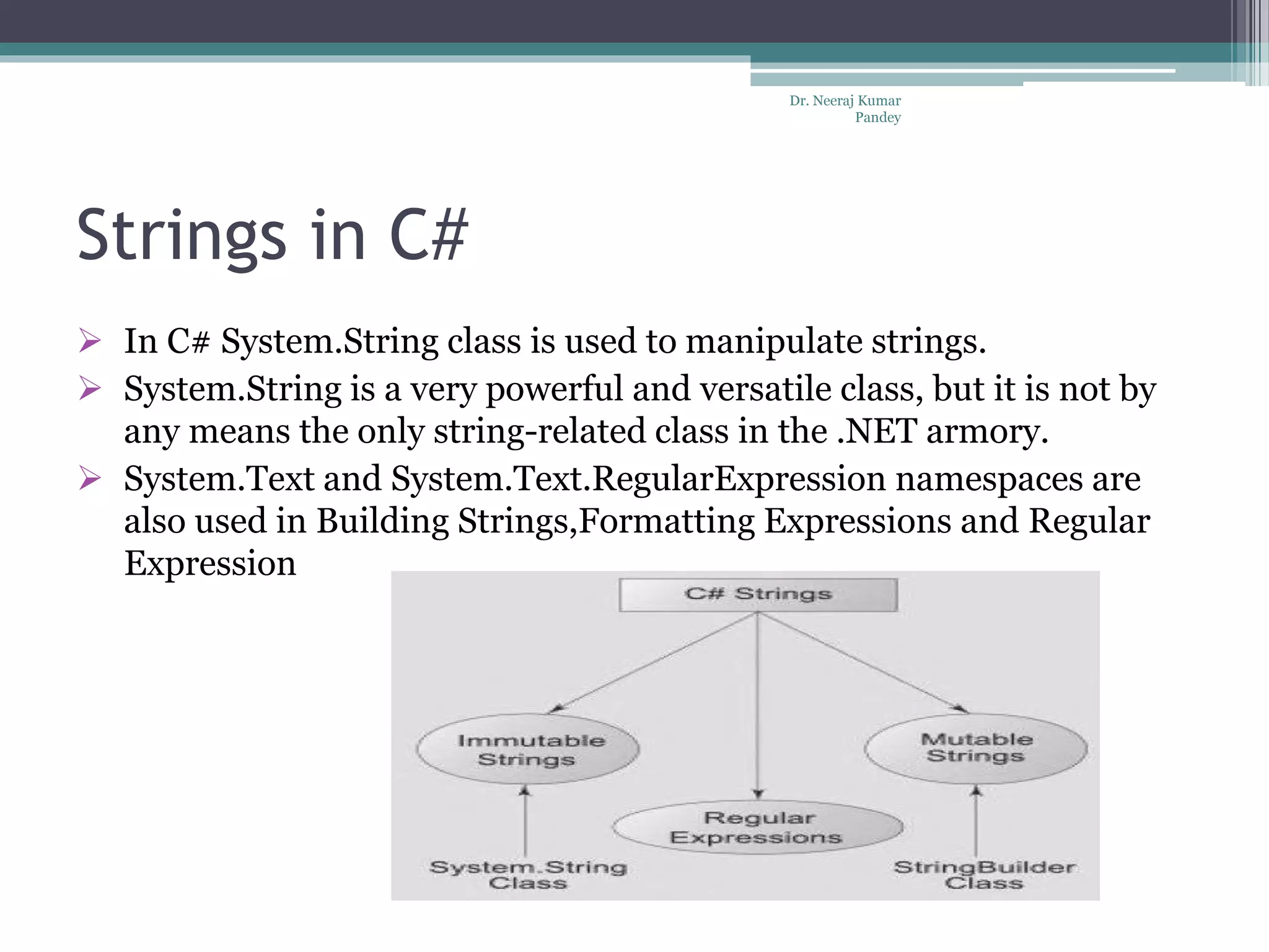 Strings in C#  In C# System.String class is used to manipulate strings.  System.String is a very powerful and versatile class, but it is not by any means the only string-related class in the .NET armory.  System.Text and System.Text.RegularExpression namespaces are also used in Building Strings,Formatting Expressions and Regular Expression Dr. Neeraj Kumar Pandey 