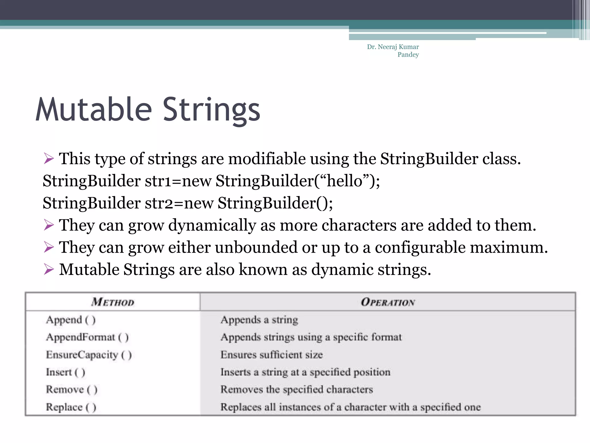 Mutable Strings  This type of strings are modifiable using the StringBuilder class. StringBuilder str1=new StringBuilder(“hello”); StringBuilder str2=new StringBuilder();  They can grow dynamically as more characters are added to them.  They can grow either unbounded or up to a configurable maximum.  Mutable Strings are also known as dynamic strings. Dr. Neeraj Kumar Pandey 