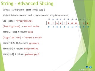 M Vishnuvardhan
String – Advanced Slicing
Syntax stringName [ start : end: step ]
# start is inclusive and end is exclusive and step is increment
Eg: name= "Programming«
[low:high:+ve] – normal order
name[2:10:2] # returns ormi
[high:low:-ve] – reverse order
name[10:2:-1] # returns gnimmarg
name[::1] # returns Programming
name[::-1] # returns gnimmargorP
-11 -10 -9 -8 -7 -6 -5 -4 -3 -2 -1
P r o g r a m m i n g
0 1 2 3 4 5 6 7 8 9 10
 