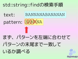 std::string::findの検索手順
BANNANABANANAN
BANANApattern:
text:
まず、パターンを左端に合わせて
パターンの末尾まで一致して
いるか調べる
 