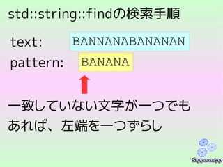 std::string::findの検索手順
BANNANABANANAN
BANANApattern:
text:
一致していない文字が一つでも
あれば、左端を一つずらし
 