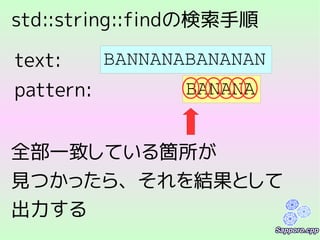 std::string::findの検索手順
BANNANABANANAN
BANANApattern:
text:
全部一致している箇所が
見つかったら、それを結果として
出力する
 