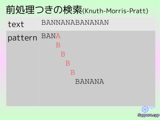 前処理つきの検索(Knuth-Morris-Pratt)
text BANNANABANANAN
pattern BANA
B
B
B
B
BANANA
 