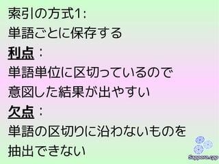 索引の方式1:
単語ごとに保存する
利点：
単語単位に区切っているので
意図した結果が出やすい
欠点：
単語の区切りに沿わないものを
抽出できない
 