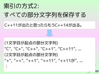 索引の方式2:
すべての部分文字列を保存する
C++11が出たと思ったらもうC++14が出る。
(1文字目が起点の部分文字列)
“C”, “C+”, “C++”, “C++1”, “C++11”, ...
(2文字目が起点の部分文字列)
“+”, “++”, “++1”, “++11”, “++11が”, ...
：
 