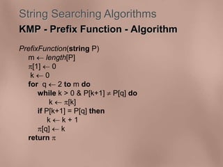 String Searching Algorithms 
KMP - Prefix Function - Algorithm 
PrefixFunction(string P) 
m  length[P] 
[1]  0 
k  0 
for q  2 to m do 
while k > 0 & P[k+1]  P[q] do 
k  [k] 
if P[k+1] = P[q] then 
k  k + 1 
[q]  k 
return  
 