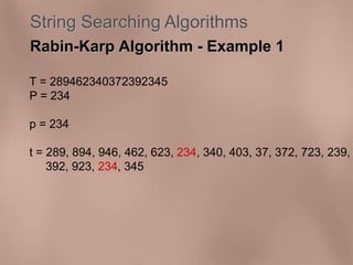 String Searching Algorithms 
Rabin-Karp Algorithm - Example 1 
T = 289462340372392345 
P = 234 
p = 234 
t = 289, 894, 946, 462, 623, 234, 340, 403, 37, 372, 723, 239, 
392, 923, 234, 345 
 