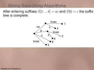 String Searching Algorithms 
Suffix Trees - Construction - Example 
[Adapted from P.Kilpeläinen] 
 