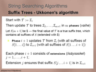 String Searching Algorithms 
Suffix Trees - Ukkonen's algorithm 
[Adapted from P.Kilpeläinen] 
 