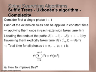 String Searching Algorithms 
Suffix Trees - Ukkonen's algorithm - 
Complexity 
[Adapted from P.Kilpeläinen] 
 