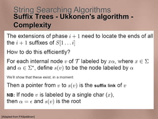 String Searching Algorithms 
Suffix Trees - Ukkonen's algorithm - 
Complexity 
[Adapted from P.Kilpeläinen] 
 