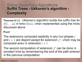 String Searching Algorithms 
Suffix Trees - Ukkonen's algorithm - 
Complexity 
[Adapted from P.Kilpeläinen] 
 