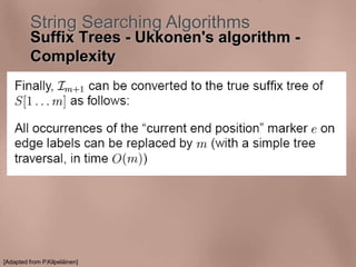 String Searching Algorithms 
Suffix Trees - Ukkonen's algorithm - 
Complexity 
[Adapted from P.Kilpeläinen] 
