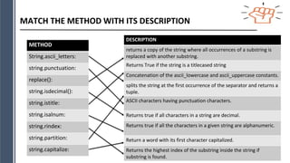METHOD
String.ascii_letters:
string.punctuation:
replace():
string.isdecimal():
string.istitle:
string.isalnum:
string.rindex:
string.partition:
string.capitalize:
MATCH THE METHOD WITH ITS DESCRIPTION
DESCRIPTION
returns a copy of the string where all occurrences of a substring is
replaced with another substring.
Returns True if the string is a titlecased string
Concatenation of the ascii_lowercase and ascii_uppercase constants.
splits the string at the first occurrence of the separator and returns a
tuple.
ASCII characters having punctuation characters.
Returns true if all characters in a string are decimal.
Returns true if all the characters in a given string are alphanumeric.
Return a word with its first character capitalized.
Returns the highest index of the substring inside the string if
substring is found.
 