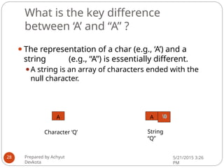 What is the key difference
between ‘A’ and “A” ?
⚫The representation of a char (e.g., ‘A’) and a
string (e.g., “A”) is essentially different.
⚫A string is an array of characters ended with the
null character.
A
Character ‘Q’
A 0
Prepared by Achyut
Devkota
5/21/2015 3:26
PM
28
String
“Q”
 