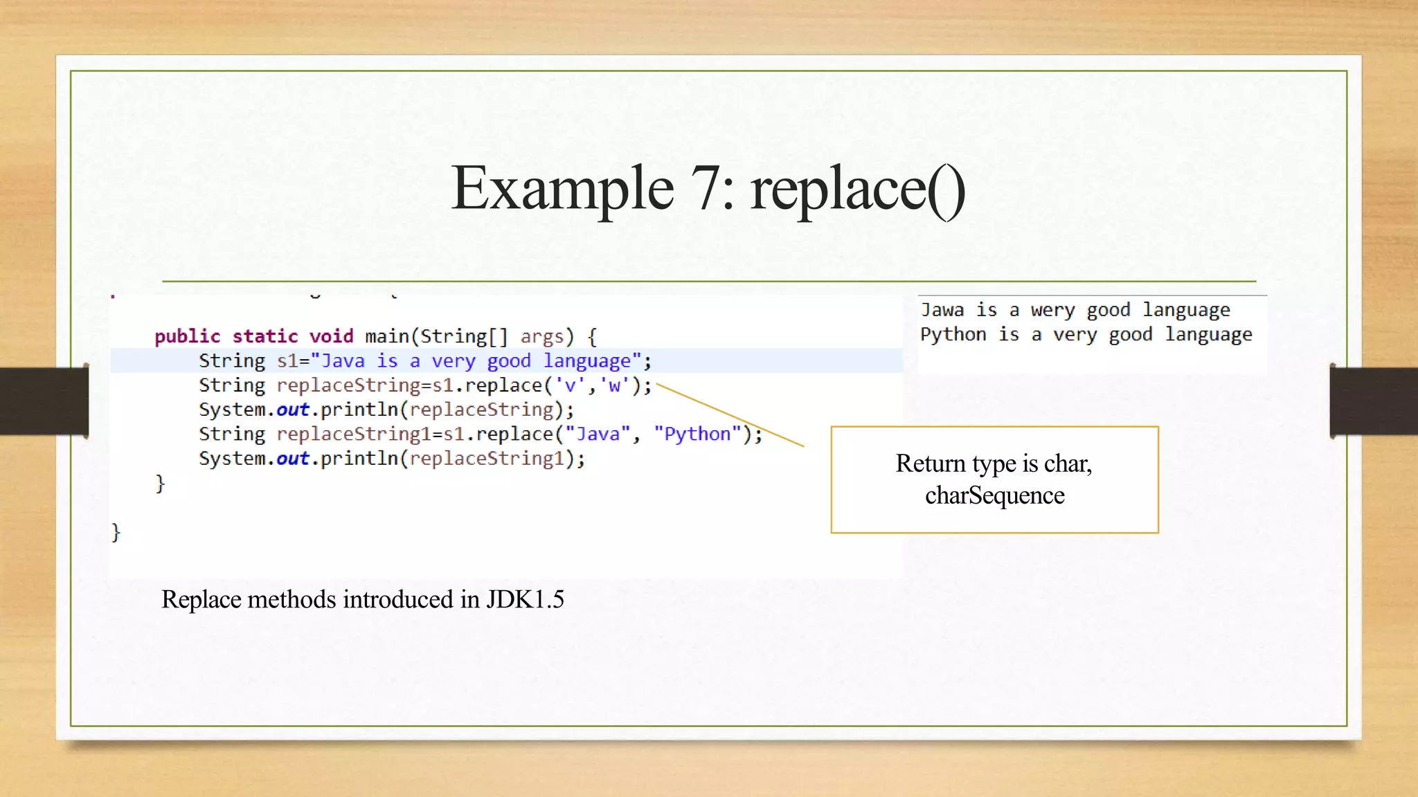 Example 7: replace()
Return type is char,
charSequence
Replace methods introduced in JDK1.5
 