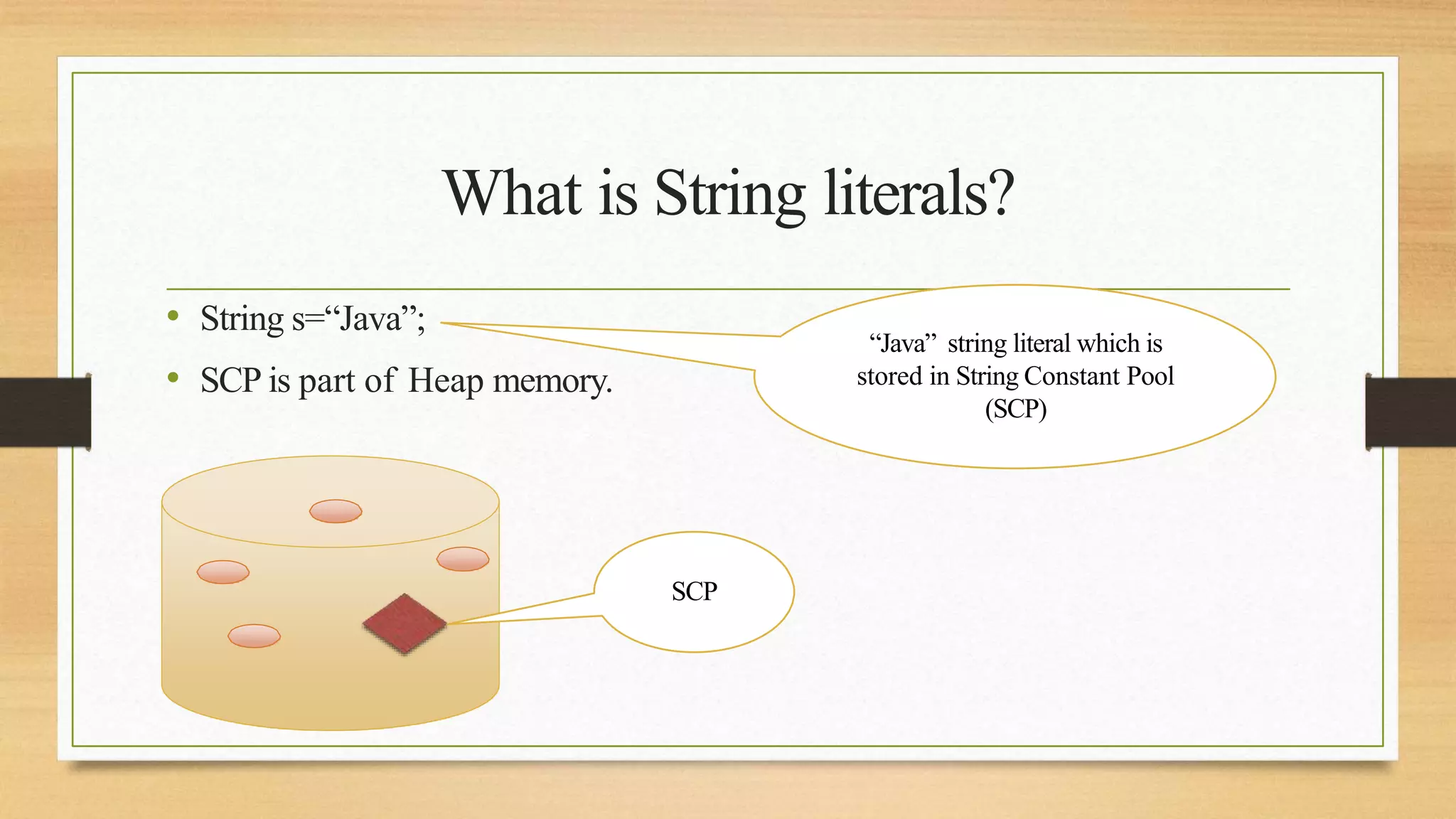 What is String literals?
• String s=“Java”;
• SCP is part of Heap memory.
“Java” string literal which is
stored in String Constant Pool
(SCP)
SCP
 