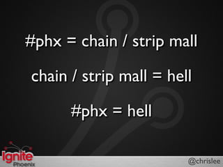 #phx = chain / strip mall

chain / strip mall = hell

      #phx = hell

                        @chrislee
 