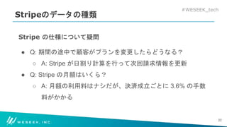 #WESEEK_tech
Stripeのデータの種類
Stripe の仕様について疑問
● Q: 期間の途中で顧客がプランを変更したらどうなる？
○ A: Stripe が日割り計算を行って次回請求情報を更新
● Q: Stripe の月額はいくら？
○ A: 月額の利用料はナシだが、決済成立ごとに 3.6% の手数
料がかかる
22
 
