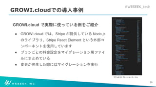 #WESEEK_tech
GROWI.cloudでの導入事例
GROWI.cloud で実際に使っている例をご紹介
● GROWI.cloud では、Stripe が提供している Node.js
のライブラリ、Stripe React Element という外部コ
ンポーネントを使用しています
● プランごとの料金設定をマイグレーション用ファイ
ルにまとめている
● 変更が発生した際にはマイグレーションを実行
29
プランのマイグレーションファイル
 