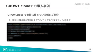 #WESEEK_tech
GROWI.cloudでの導入事例
GROWI.cloud で実際に使っている例をご紹介
2. 同時に課金額0円の料金プランでサブスクリプションを作成
const attachStripeSubscription = async(customer, plan, options) => {
return stripe.subscriptions.create({
customer: customer.id,
items: [{ plan: plan.id }],
expand: ['latest_invoice.payment_intent'],
...options,
});
};
32
 
