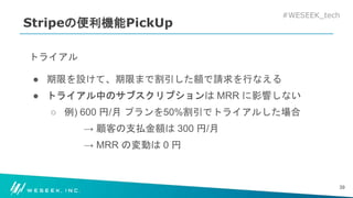 #WESEEK_tech
Stripeの便利機能PickUp
トライアル
● 期限を設けて、期限まで割引した額で請求を行なえる
● トライアル中のサブスクリプションは MRR に影響しない
○ 例) 600 円/月 プランを50%割引でトライアルした場合
→ 顧客の支払金額は 300 円/月
→ MRR の変動は 0 円
39
 