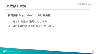 #WESEEK_tech
失敗談と対策
初月無料キャンペーンにおける失敗
1. 支払い失敗が連発してしまう
2. MRR の数値に悪影響が出てしまった
41
 