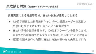 #WESEEK_tech
失敗談と対策 (初月無料キャンペーン失敗編)
突貫実装による考慮不足で、支払い失敗が連発してしまう
● 1か月が経過した初月無料キャンペーン適用ユーザーの支払い
が (ほぼ) 全て失敗してしまうという現象が発生
● 支払い情報の登録を行わず、100%オフクーポンを使うことで、
本来であれば有料であるプランを契約してしまったことが原因
● 2回目の請求を行った際に支払い方法が無いため失敗していた
44
 