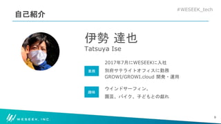 #WESEEK_tech
自己紹介
伊勢 達也
Tatsuya Ise
9
2017年7月にWESEEKに入社
別府サテライトオフィスに勤務
GROWI/GROWI.cloud 開発・運用
ウインドサーフィン、
園芸、バイク、子どもとの戯れ
業務
趣味
 