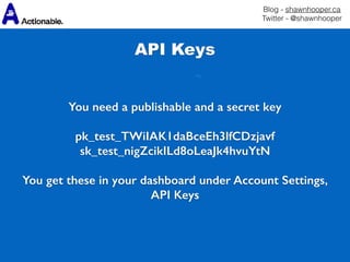 Blog - shawnhooper.ca 
Twitter - @shawnhooper
You need a publishable and a secret key
pk_test_TWiIAK1daBceEh3lfCDzjavf
sk_test_nigZcikILd8oLeaJk4hvuYtN
You get these in your dashboard under Account Settings,
API Keys
API Keys
 