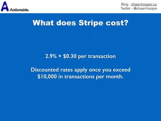 Blog - shawnhooper.ca 
Twitter - @shawnhooper
 
2.9% + $0.30 per transaction
Discounted rates apply once you exceed
$10,000 in transactions per month.
What does Stripe cost?
 