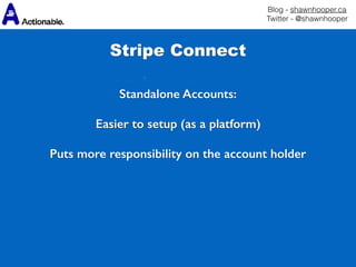 Blog - shawnhooper.ca 
Twitter - @shawnhooper
Stripe Connect
Standalone Accounts:
Easier to setup (as a platform) 
Puts more responsibility on the account holder
 