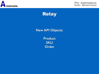 Blog - shawnhooper.ca 
Twitter - @shawnhooper
Relay
New API Objects:
Product
SKU
Order
 