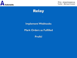 Blog - shawnhooper.ca 
Twitter - @shawnhooper
Relay
Implement Webhooks
Mark Orders as Fulﬁlled
Proﬁt!
 