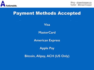 Blog - shawnhooper.ca 
Twitter - @shawnhooper
Visa 
MasterCard
 
American Express
 
Apple Pay
Bitcoin, Alipay, ACH (US Only)
Payment Methods Accepted
 