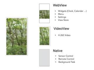 WebView
VideoView
• Widgets (Clock, Calendar …)
• Menu
• Settings
• View Store
• H.265 Video
Native
• Sensor Control
• Remote Control
• Background Task
 