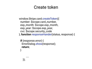 window.Stripe.card.createToken({
number: $scope.card_number,
exp_month: $scope.exp_month,
exp_year: $scope.exp_year,
cvc: $scope.security_code
}, function responseHander(status, response) {
if (response.error) {
ErrorDialog.show(response);
return;
}
....
});
Create token
 